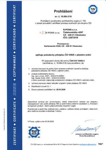 Certifikát ČD V95/5 – prohlášení certifikačního orgánu