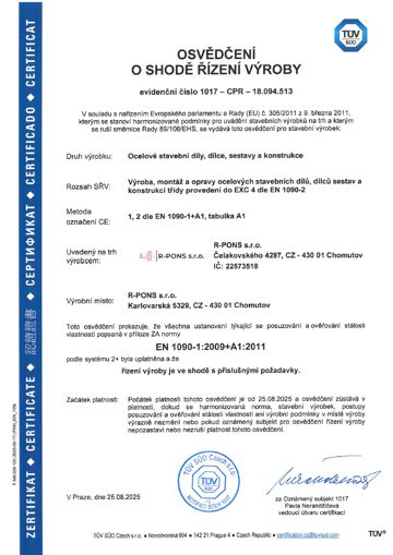 Certifikát EN 1090-1 – osvědčení o shodě řízení výroby