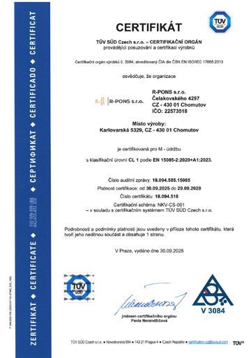 Certifikát EN 15085-2 – svařování železničních vozidel