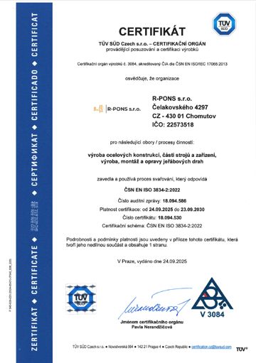 Certifikát ČSN EN ISO 3834-2 – jakost při svařování
