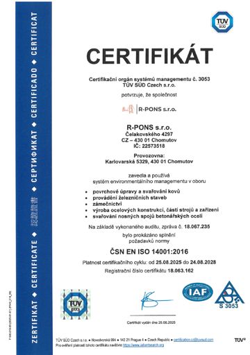 Certifikát ČSN EN ISO 14001:2016