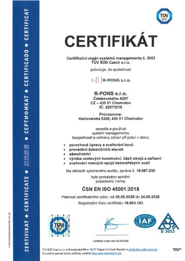 Certifikát ČSN ISO 45001:2018