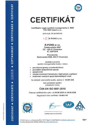 Certifikát ČSN EN ISO 9001:2016